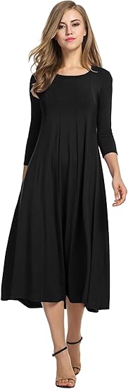 Women's 3/4 Sleeve A-line and Flare Midi Long Dress