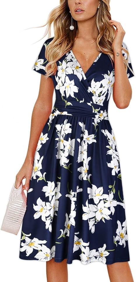 Women Wrap V Neck A Line Midi Dresses with Pockets
